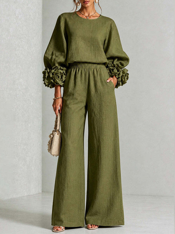 Floral-Sleeve Top & Pants Set