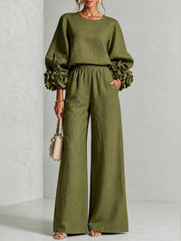 Floral-Sleeve Top & Pants Set