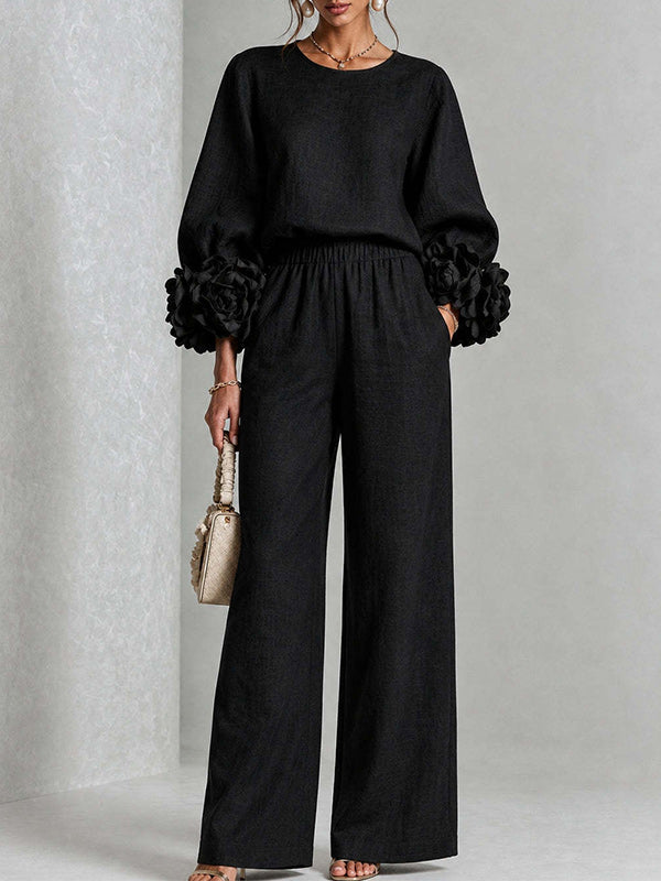 Floral-Sleeve Top & Pants Set