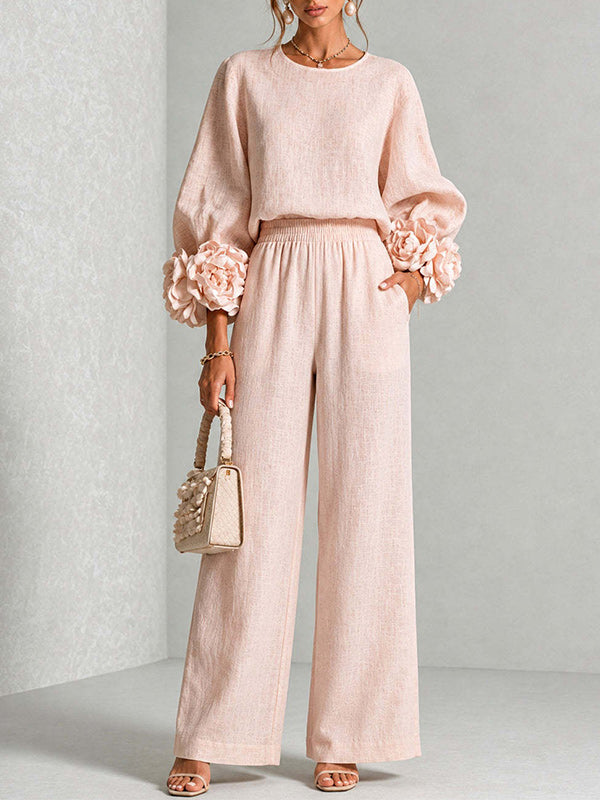 Floral-Sleeve Top & Pants Set