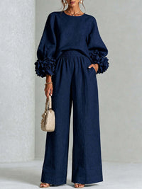 Floral-Sleeve Top & Pants Set