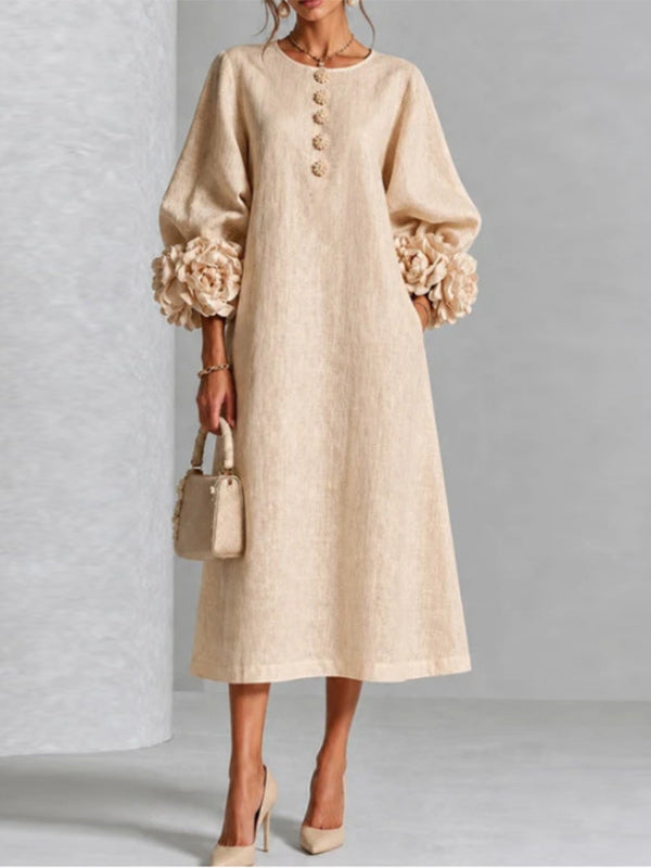 Floral-Sleeve Button-Front Dress