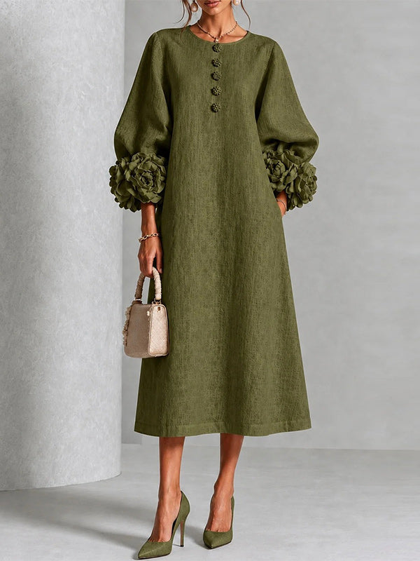 Floral-Sleeve Button-Front Dress