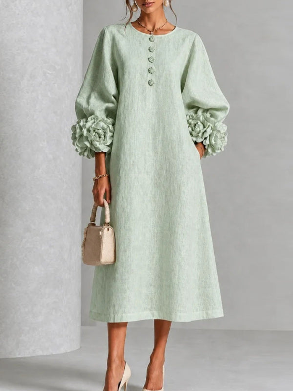Floral-Sleeve Button-Front Dress