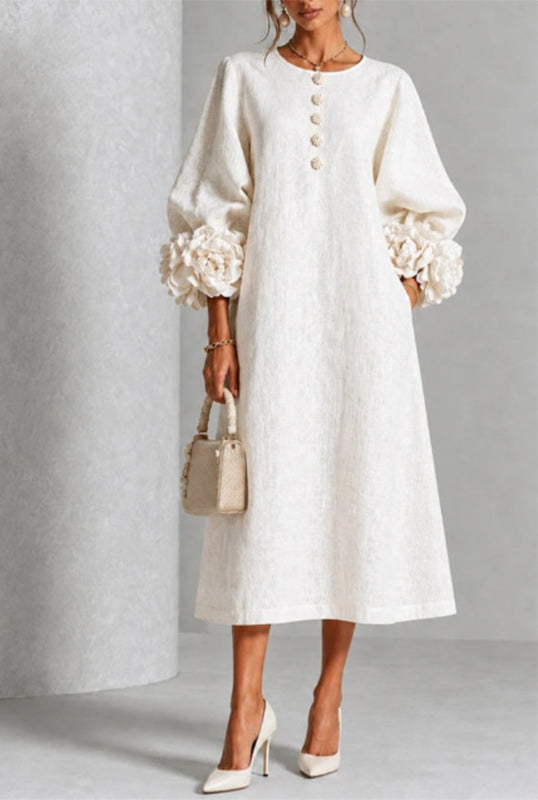 Floral-Sleeve Button-Front Dress