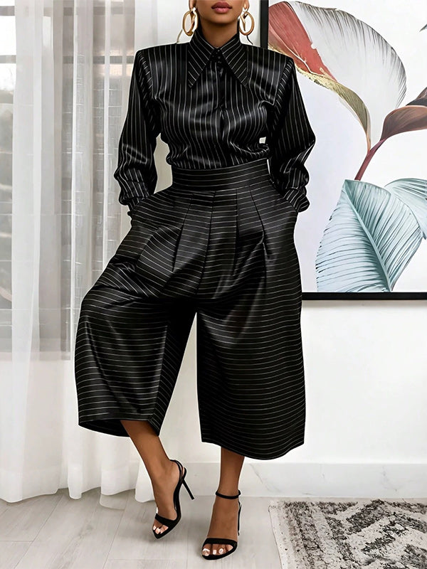 Stripe Shirt & Wide-Leg Pants Set