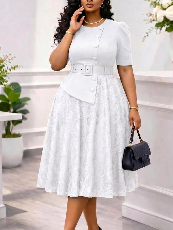 Lace Combo Belted Dress