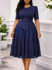 Lace Combo Belted Dress