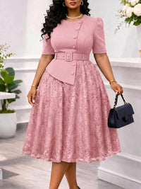 Lace Combo Belted Dress