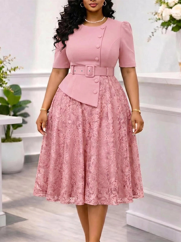 Lace Combo Belted Dress