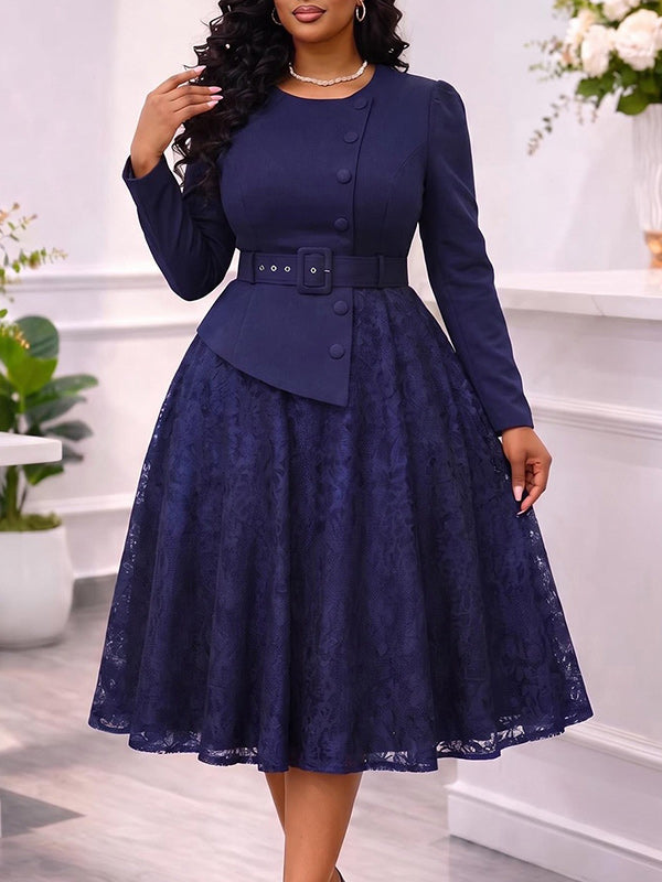 Lace Combo Belted Dress