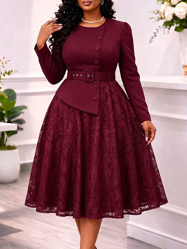 Lace Combo Belted Dress