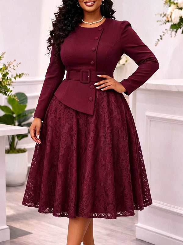 Lace Combo Belted Dress