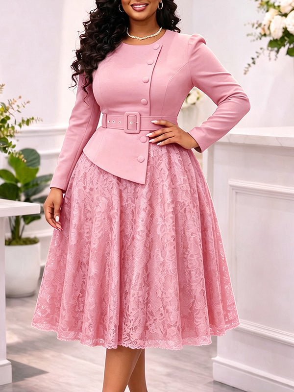 Lace Combo Belted Dress