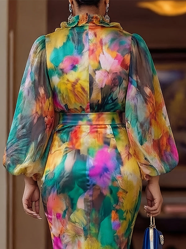 Printed Frilled Blouse & Skirt Set