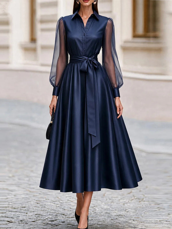 Sheer-Combo Tied Shirt Dress