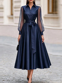 Sheer-Combo Tied Shirt Dress