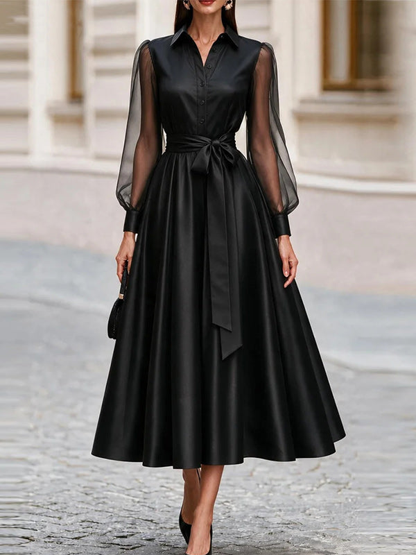 Sheer-Combo Tied Shirt Dress