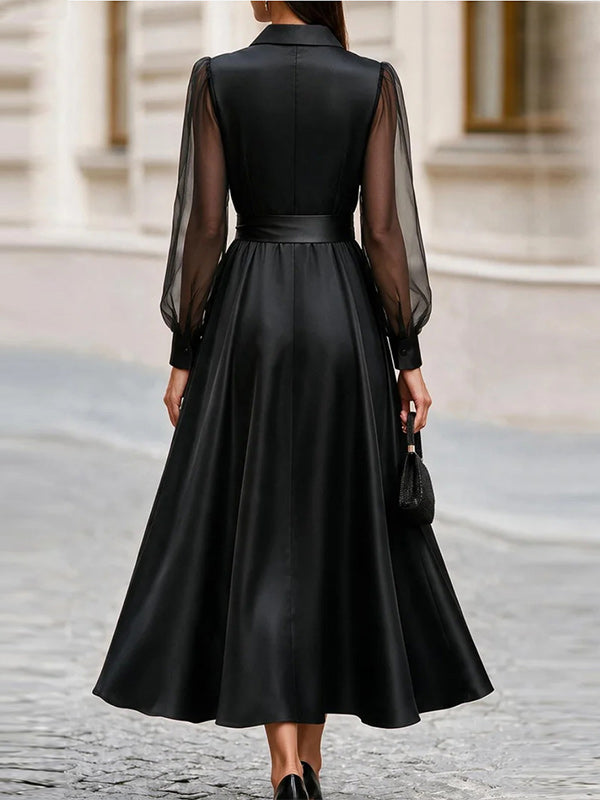Sheer-Combo Tied Shirt Dress