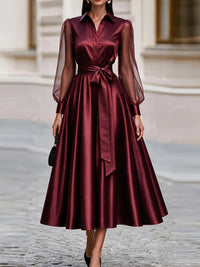 Sheer-Combo Tied Shirt Dress