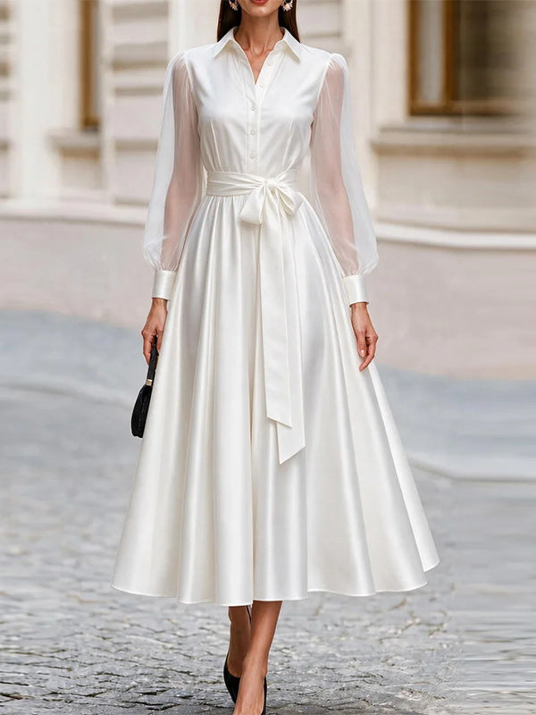 Sheer-Combo Tied Shirt Dress