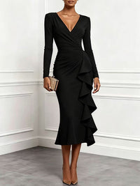 Solid V-Neck Ruffle Dress