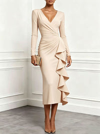 Solid V-Neck Ruffle Dress