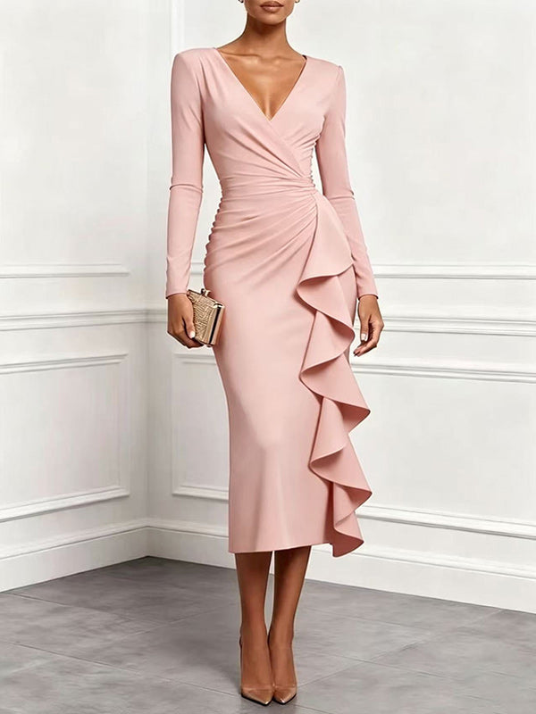 Solid V-Neck Ruffle Dress