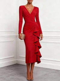 Solid V-Neck Ruffle Dress