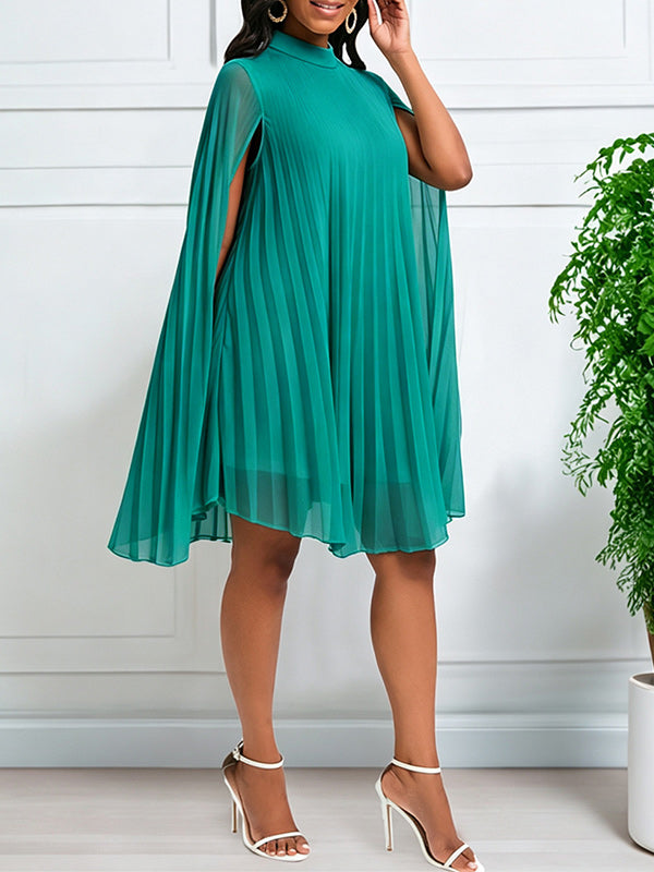 Solid Pleated Cape Dress