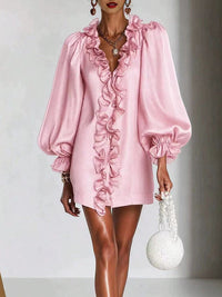 Frilled V-Neck Puff-Sleeve Dress