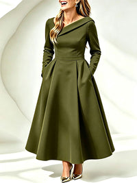 Asymmetric-Neck Midi Dress