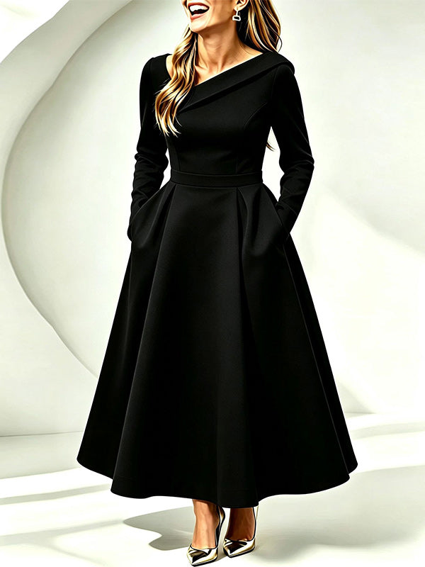 Asymmetric-Neck Midi Dress