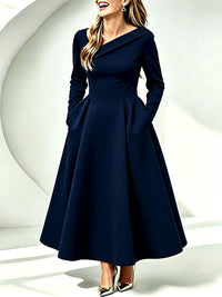Asymmetric-Neck Midi Dress