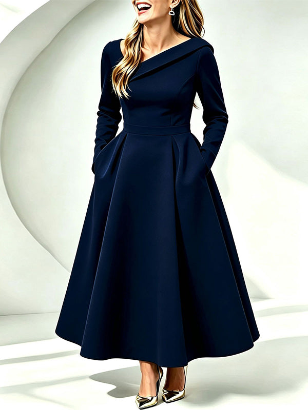 Asymmetric-Neck Midi Dress