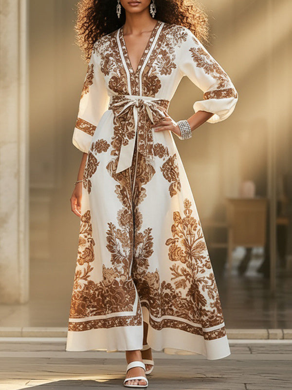 Printed V-Neck Tied Dress