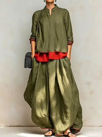Contrast Top & Wide-Leg Pants Set