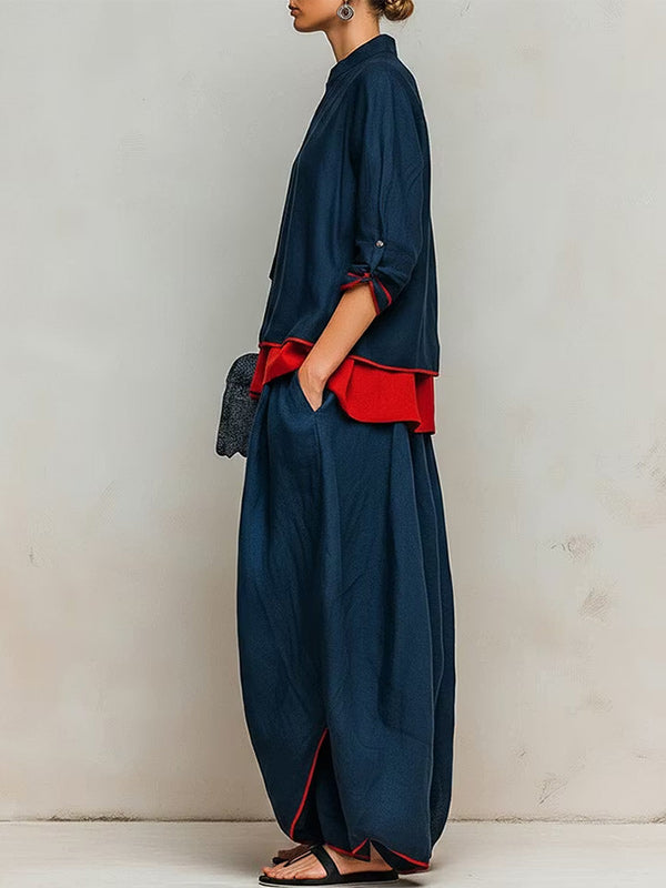 Contrast Top & Wide-Leg Pants Set