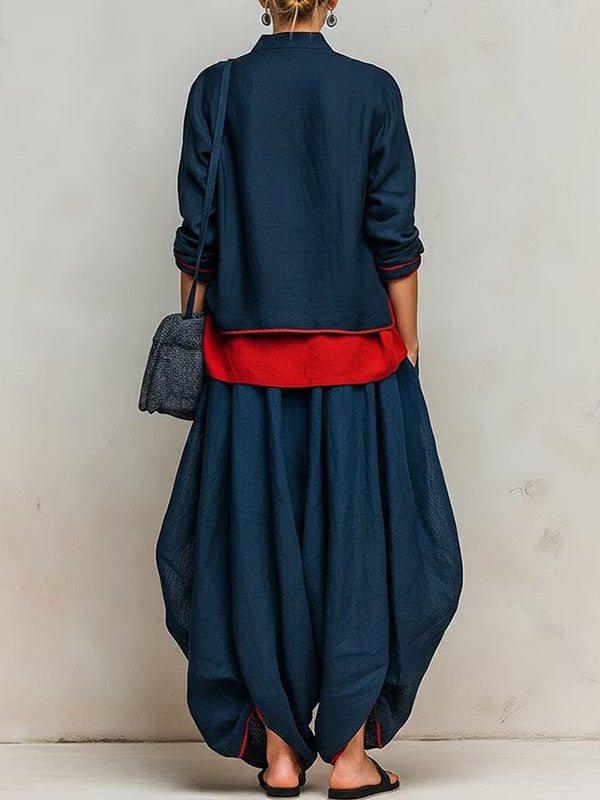 Contrast Top & Wide-Leg Pants Set