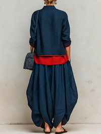 Contrast Top & Wide-Leg Pants Set