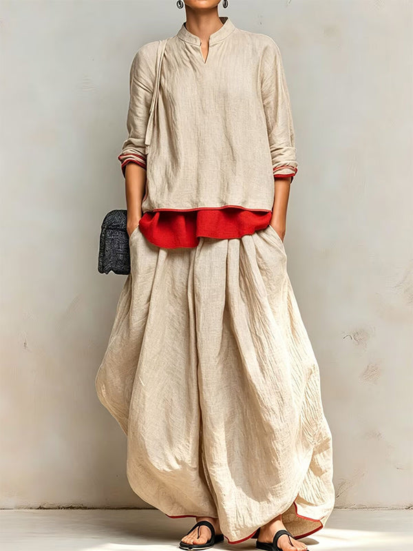 Contrast Top & Wide-Leg Pants Set