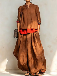 Contrast Top & Wide-Leg Pants Set