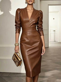 Faux-Leather V-Neck Bodycon Dress