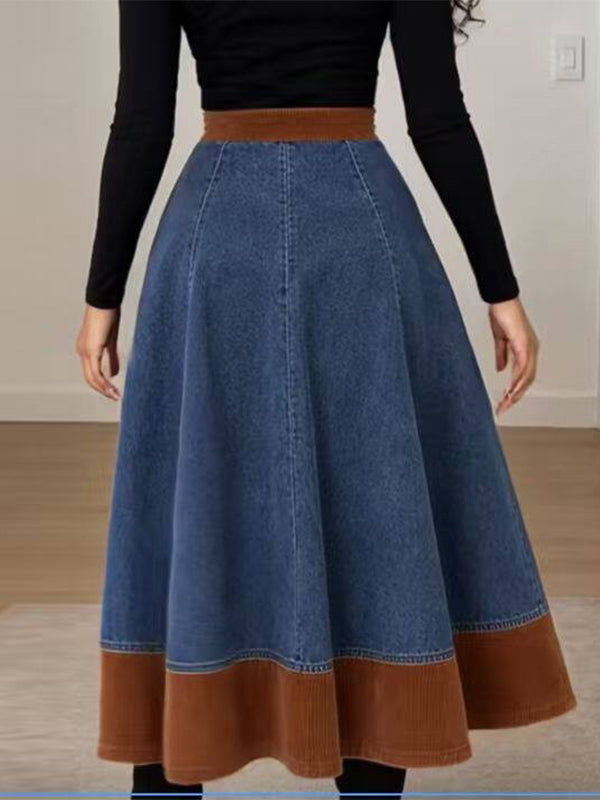 Denim-Combo High-Waist Slit Skirt