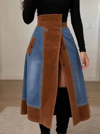 Denim-Combo High-Waist Slit Skirt