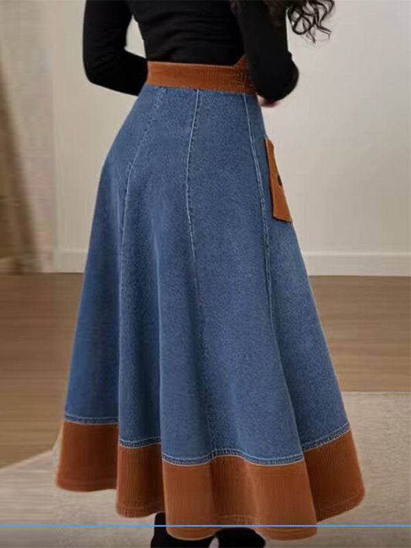 Denim-Combo High-Waist Slit Skirt