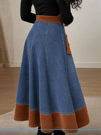 Denim-Combo High-Waist Slit Skirt