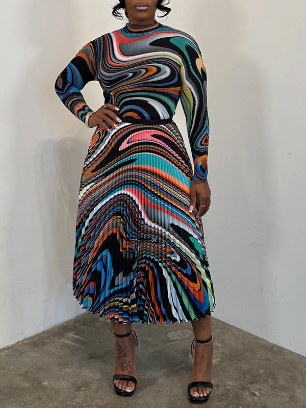 Print Long Sleeve Top & Pleated Midi Skirt Set