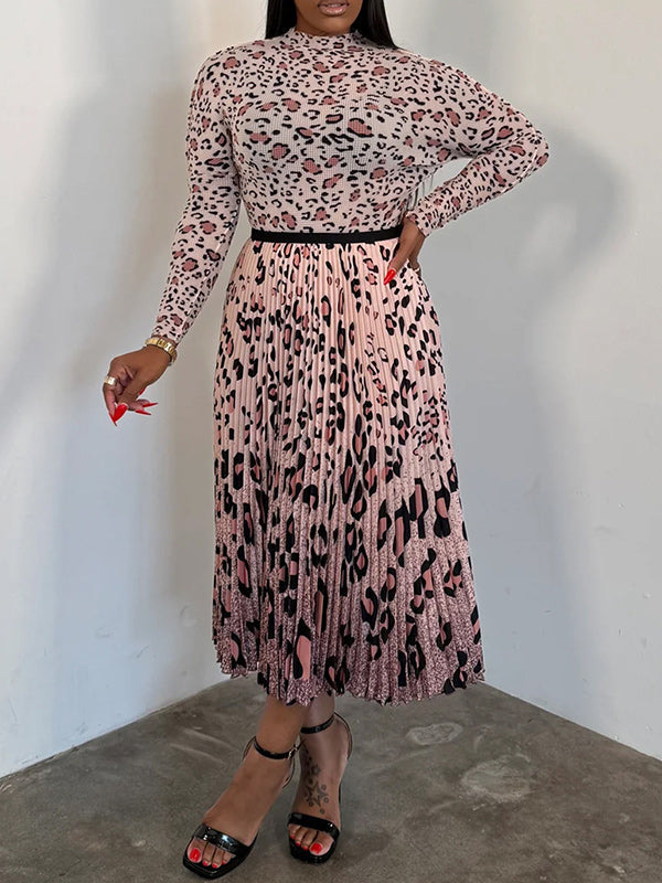Print Long Sleeve Top & Pleated Midi Skirt Set