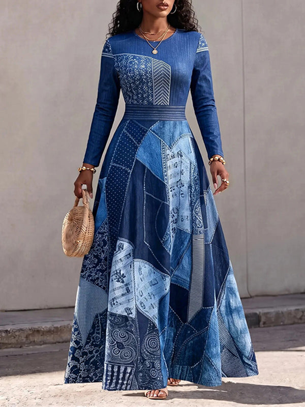 Denim-Print Maxi Dress